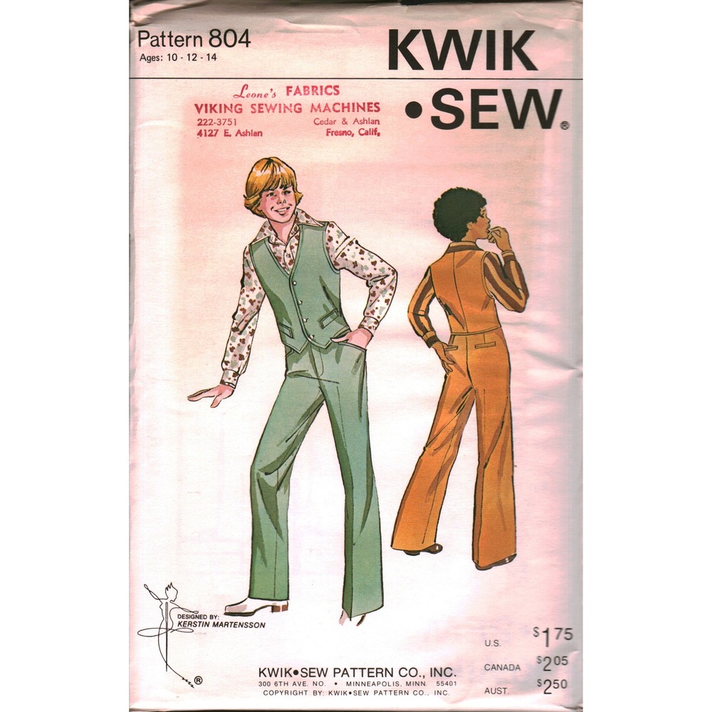 Vintage Kwik Sew 804 Boys Vest and Pants Sewing Pattern Size 10 12 14 Retro 70s